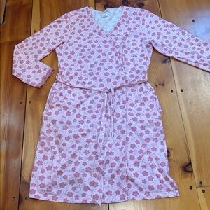 GARNET HILL Green Cotton M Pink Floral Cotton Wrap Robe Tie Waist Pockets